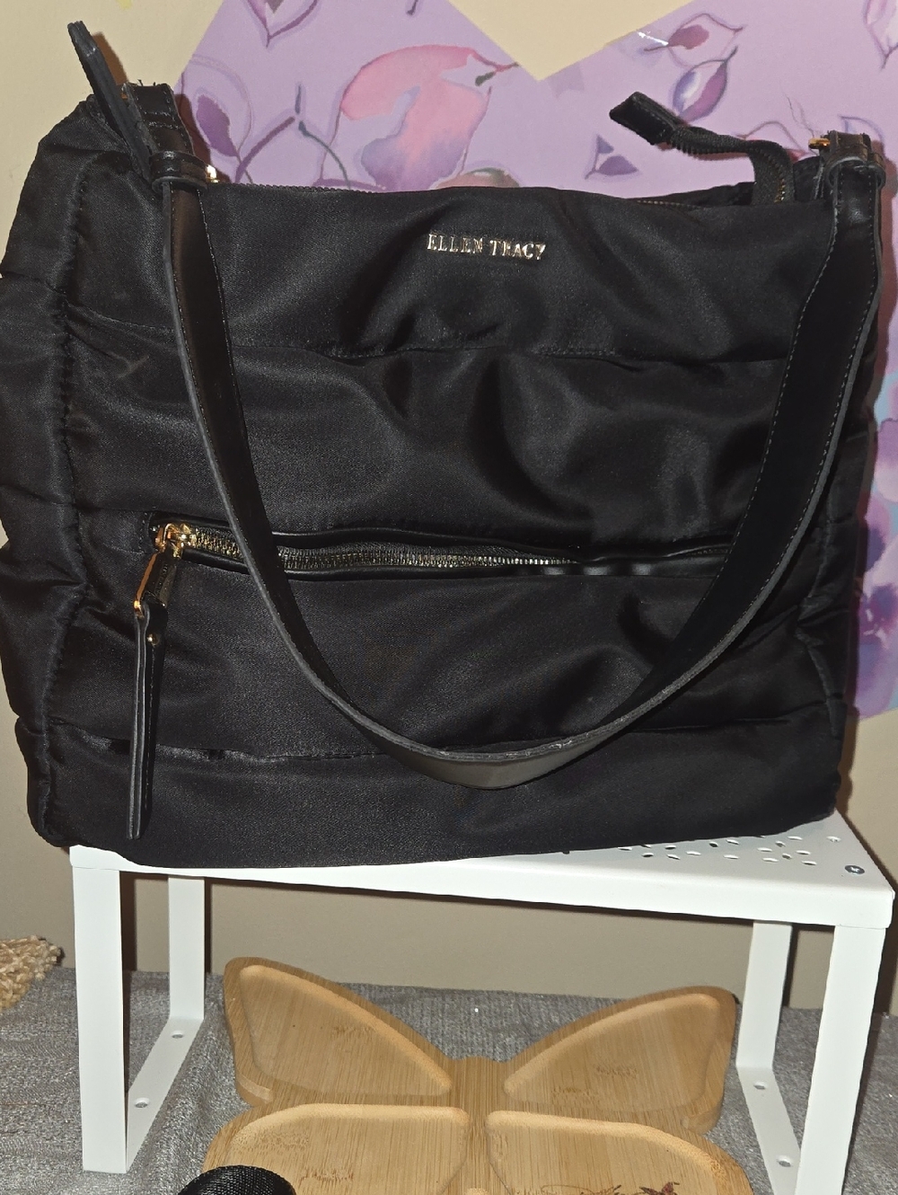 Ellen Tracy Black Quilted Nylon Shoulder Tote with Gold Accents